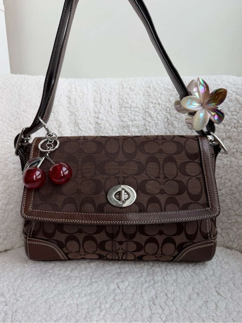 Coach Brown Signature Jacquard Shoulder Bag with Red Cherry Charm